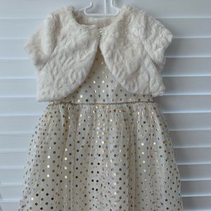 Cream colored dress with gold foil polka dots